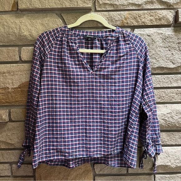Madewell Blue Red Tie-Sleeve Linen Blend Top in Whitby Plaid Size Small - Picture 3 of 12